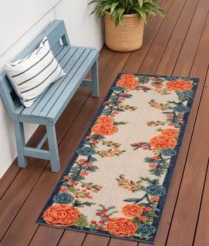 6' Red Beige Blue Orange And Red Floral Indoor Outdoor Runner Rug