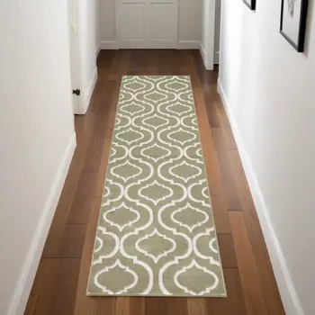 7' Olive Green and Ivory Trellis Non Skid Runner Rug