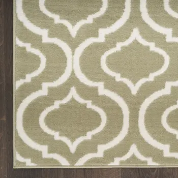 7' Olive Green and Ivory Trellis Non Skid Runner Rug