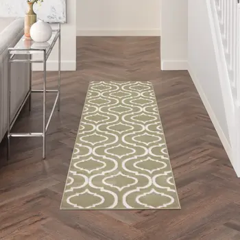 7' Olive Green and Ivory Trellis Non Skid Runner Rug