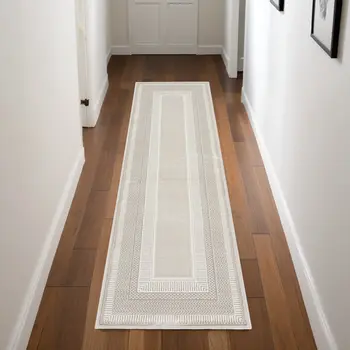 8' Gray and Ivory Geometric Non Skid Runner Rug