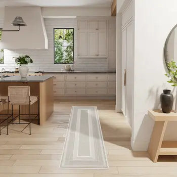 8' Gray and Ivory Geometric Non Skid Runner Rug