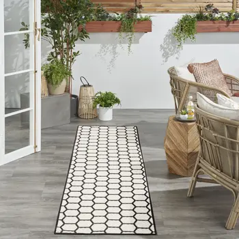 8' Black And Ivory Geometric Indoor Outdoor Runner Rug
