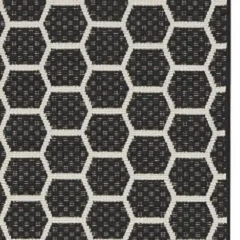 8' Black And Ivory Geometric Indoor Outdoor Runner Rug
