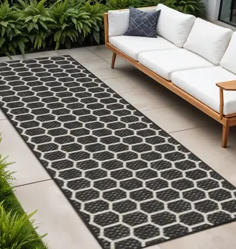 8' Black And Ivory Geometric Indoor Outdoor Runner Rug
