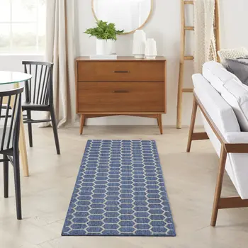 8' Blue And Ivory Geometric Indoor Outdoor Runner Rug