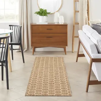 8' Natural And Beige Geometric Indoor Outdoor Runner Rug
