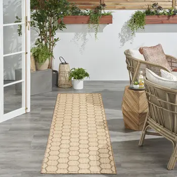8' Natural And Beige Geometric Indoor Outdoor Runner Rug