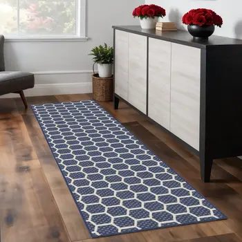 8' Navy Blue And Ivory Geometric Indoor Outdoor Runner Rug