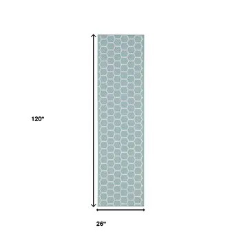 10' Aqua And White Geometric Indoor Outdoor Runner Rug