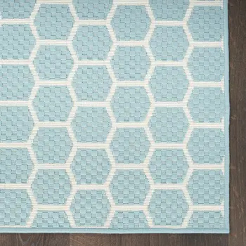 10' Aqua And White Geometric Indoor Outdoor Runner Rug
