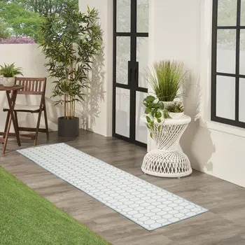 10' Aqua And White Geometric Indoor Outdoor Runner Rug