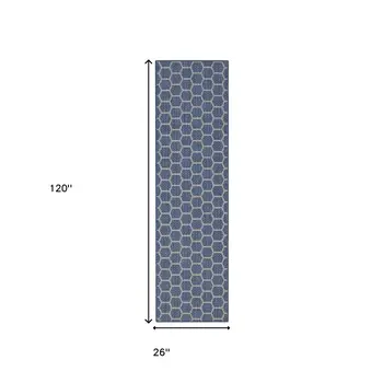 10' Blue And Ivory Geometric Indoor Outdoor Runner Rug