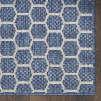 10' Blue And Ivory Geometric Indoor Outdoor Runner Rug
