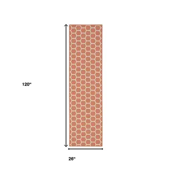 10' Coral And White Geometric Indoor Outdoor Runner Rug