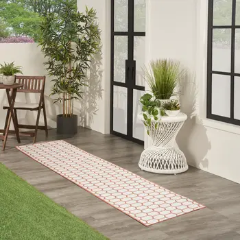 10' Coral And White Geometric Indoor Outdoor Runner Rug