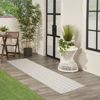 10' Gray And Ivory Geometric Indoor Outdoor Runner Rug
