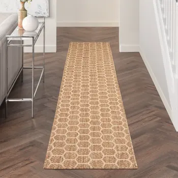 10' Natural And Beige Geometric Indoor Outdoor Runner Rug