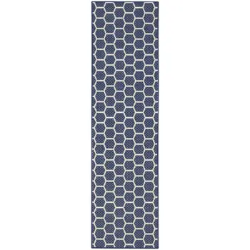10' Navy Blue And Ivory Geometric Indoor Outdoor Runner Rug