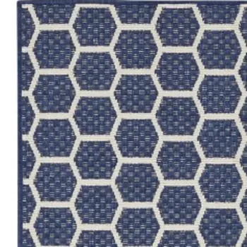 10' Navy Blue And Ivory Geometric Indoor Outdoor Runner Rug