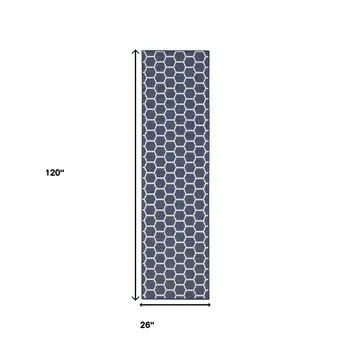 10' Navy Blue And Ivory Geometric Indoor Outdoor Runner Rug