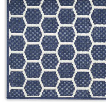 10' Navy Blue And Ivory Geometric Indoor Outdoor Runner Rug