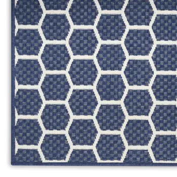 10' Navy Blue And Ivory Geometric Indoor Outdoor Runner Rug
