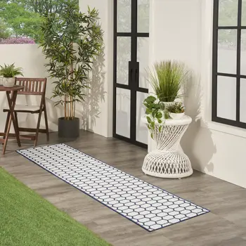 10' Navy Blue And Ivory Geometric Indoor Outdoor Runner Rug