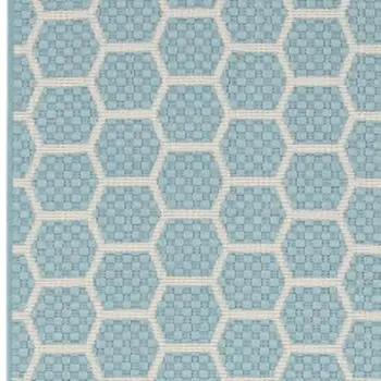 12' Aqua And Ivory Geometric Indoor Outdoor Runner Rug