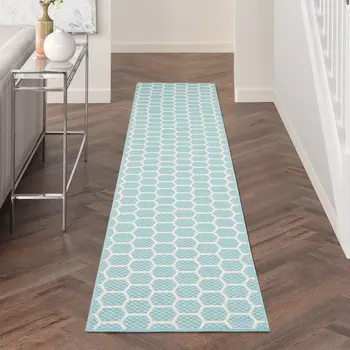 12' Aqua And Ivory Geometric Indoor Outdoor Runner Rug