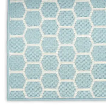 12' Aqua And Ivory Geometric Indoor Outdoor Runner Rug
