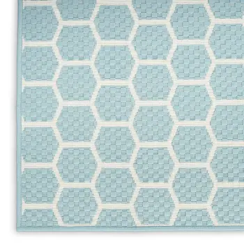 12' Aqua And Ivory Geometric Indoor Outdoor Runner Rug