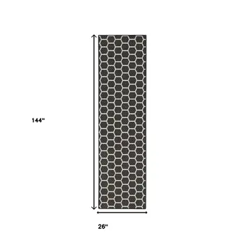 12' Black And Ivory Geometric Indoor Outdoor Runner Rug