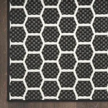 12' Black And Ivory Geometric Indoor Outdoor Runner Rug