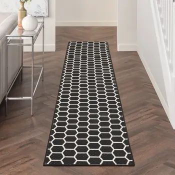 12' Black And Ivory Geometric Indoor Outdoor Runner Rug