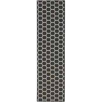 12' Black And Ivory Geometric Indoor Outdoor Runner Rug