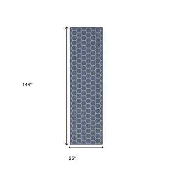 12' Blue And Ivory Geometric Indoor Outdoor Runner Rug