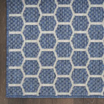 12' Blue And Ivory Geometric Indoor Outdoor Runner Rug