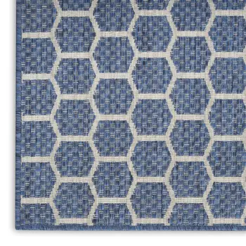 12' Blue And Ivory Geometric Indoor Outdoor Runner Rug