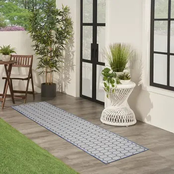 12' Blue And Ivory Geometric Indoor Outdoor Runner Rug