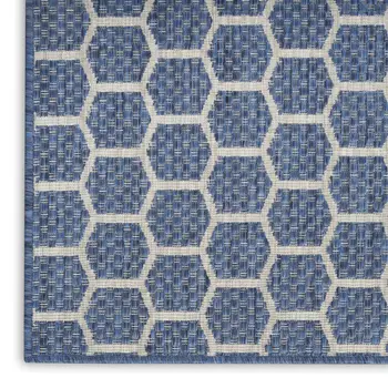 12' Blue And Ivory Geometric Indoor Outdoor Runner Rug