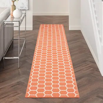 12' Coral And Ivory Geometric Indoor Outdoor Runner Rug
