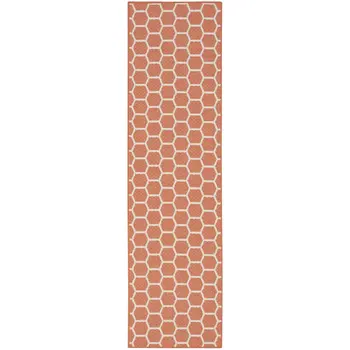 12' Coral And Ivory Geometric Indoor Outdoor Runner Rug