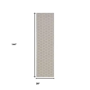 12' Gray And Ivory Geometric Indoor Outdoor Runner Rug