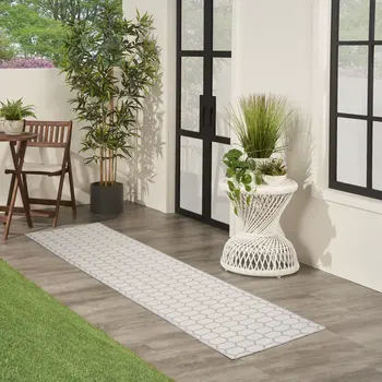 12' Gray And Ivory Geometric Indoor Outdoor Runner Rug