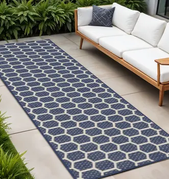 12' Navy Blue And Ivory Geometric Indoor Outdoor Runner Rug