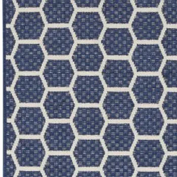 12' Navy Blue And Ivory Geometric Indoor Outdoor Runner Rug