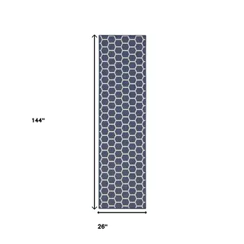 12' Navy Blue And Ivory Geometric Indoor Outdoor Runner Rug