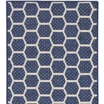 12' Navy Blue And Ivory Geometric Indoor Outdoor Runner Rug