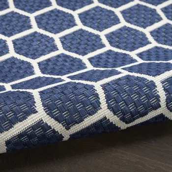 12' Navy Blue And Ivory Geometric Indoor Outdoor Runner Rug